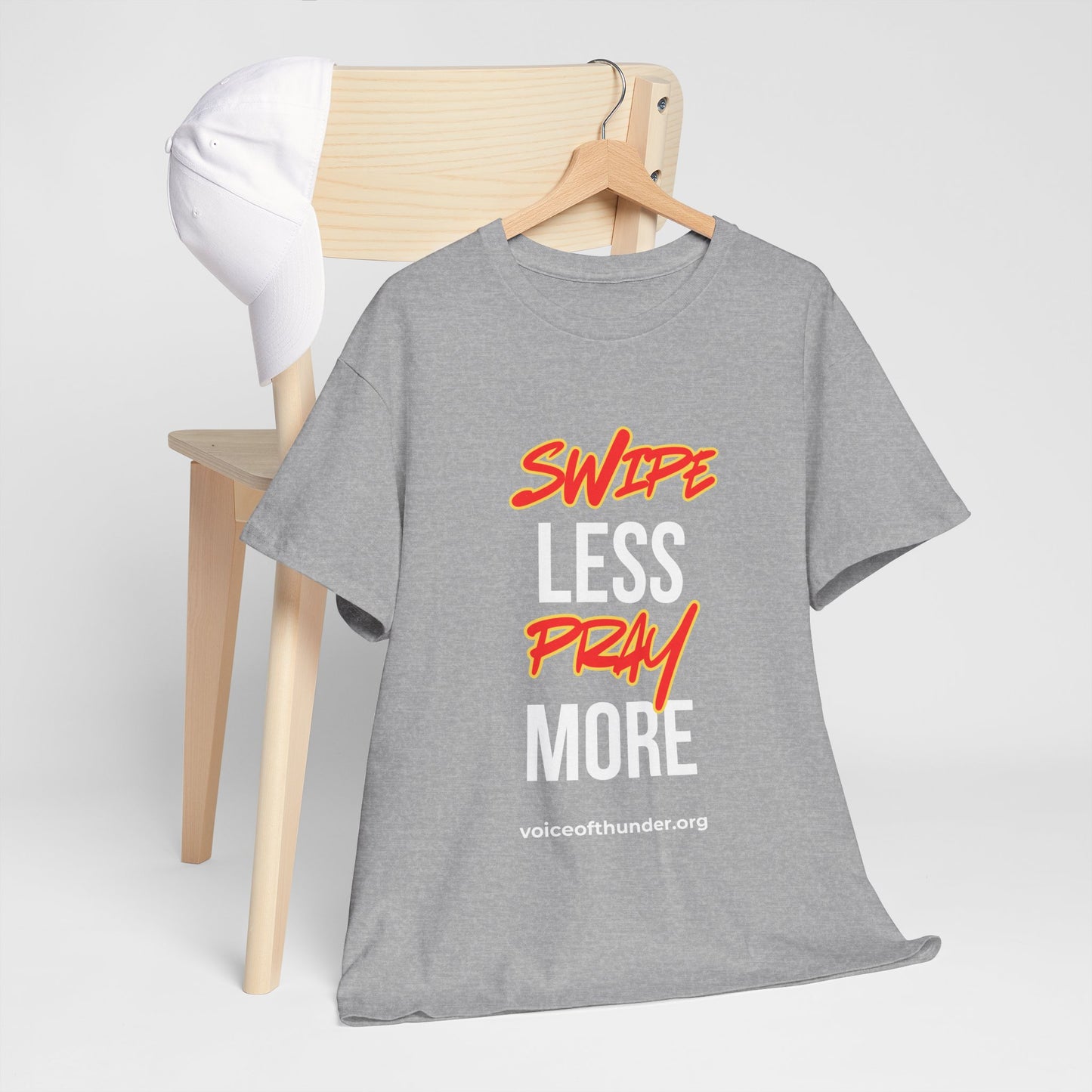 Swipe Less Pray More Christian t-shirt with bold front-print design
