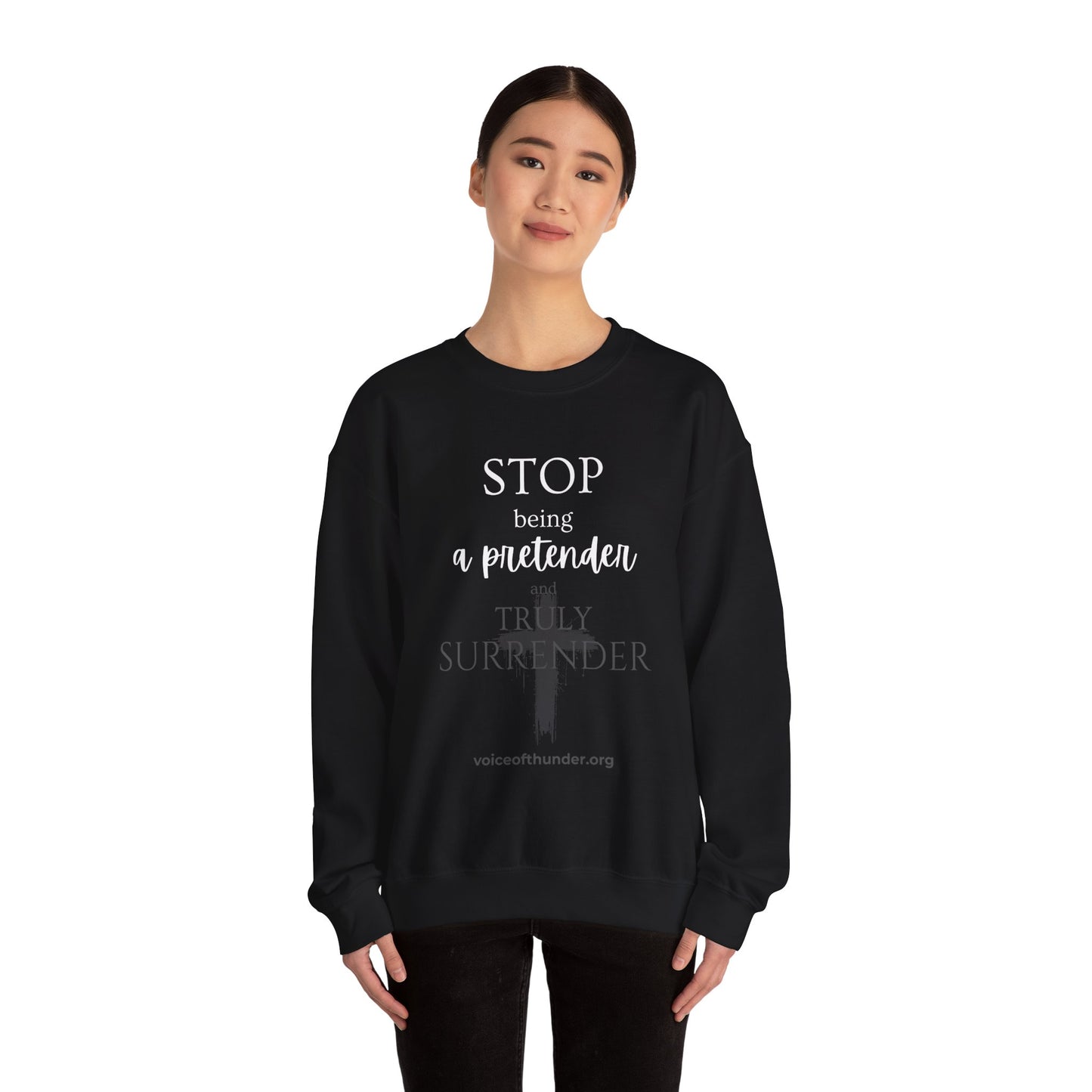 Stop Being a Pretender – Crewneck Sweatshirt | Bold Faith Statement