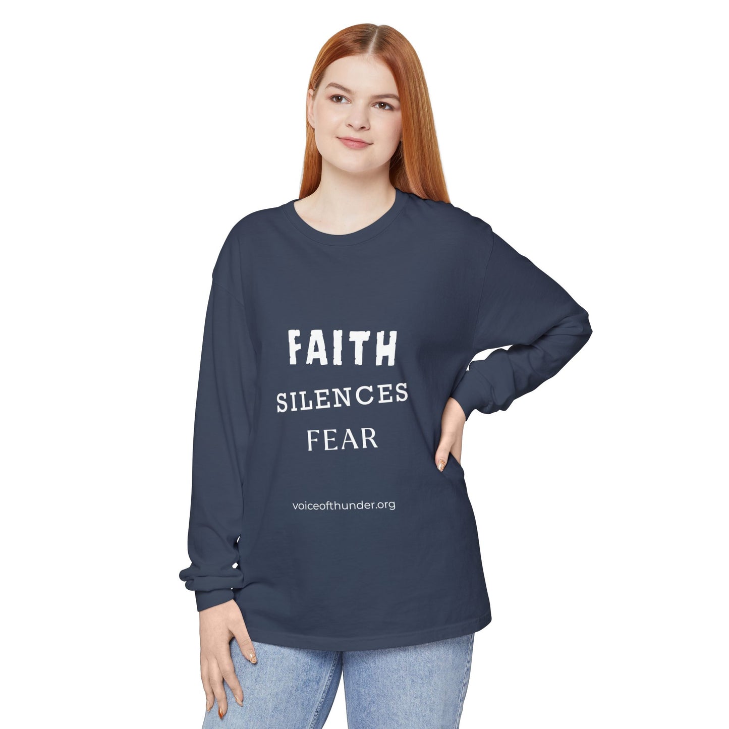 Faith Silences Fear – Christian Long Sleeve T-Shirt | Bold Faith Statement