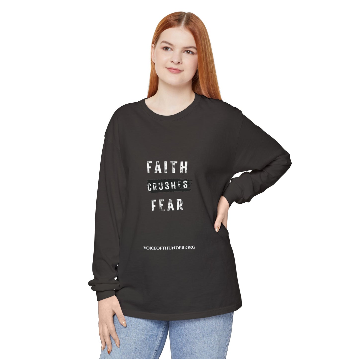 Faith Crushes Fear Long Sleeve Tee — Inspirational Christian Shirt