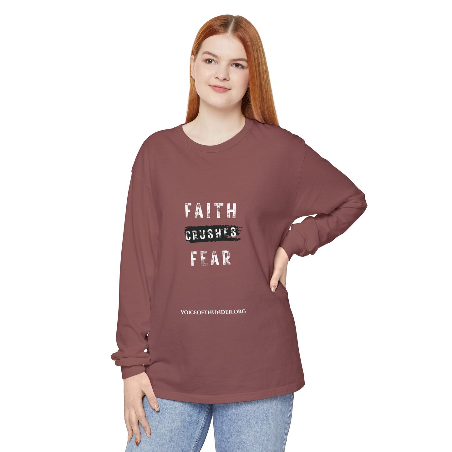 Faith Crushes Fear Long Sleeve Tee — Inspirational Christian Shirt
