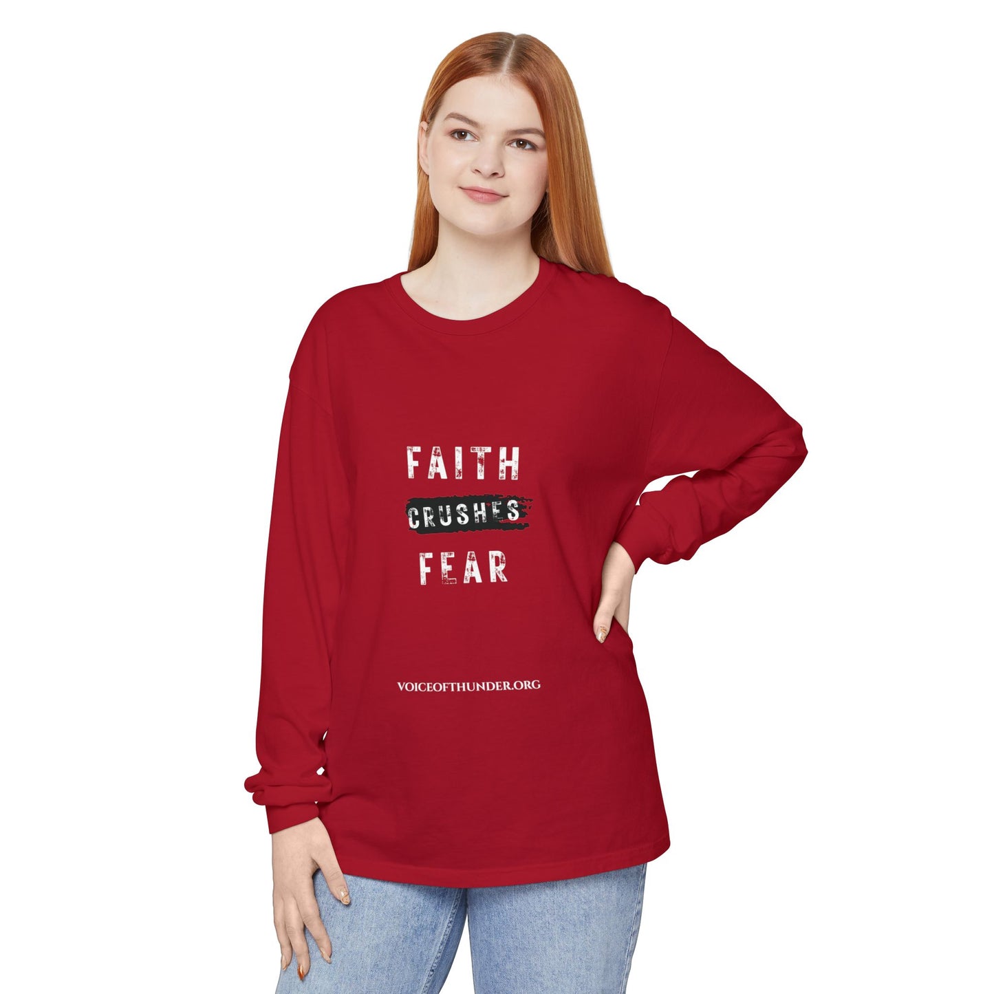 Faith Crushes Fear Long Sleeve Tee — Inspirational Christian Shirt
