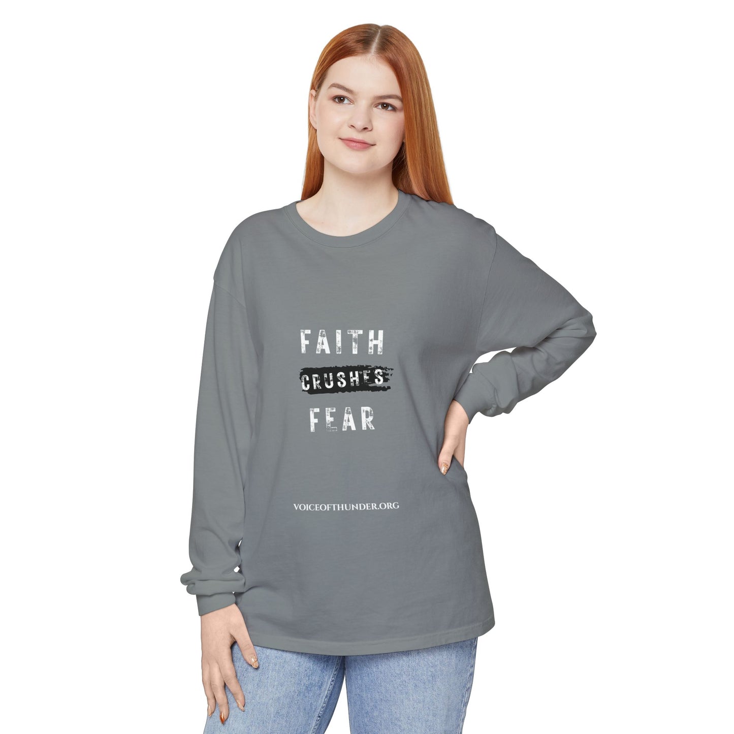 Faith Crushes Fear Long Sleeve Tee — Inspirational Christian Shirt