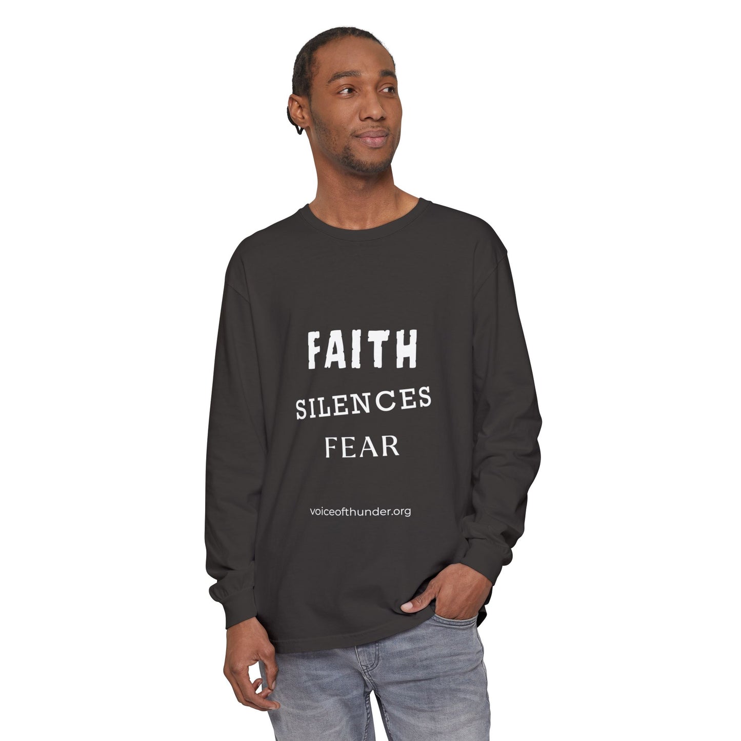 Faith Silences Fear – Christian Long Sleeve T-Shirt | Bold Faith Statement
