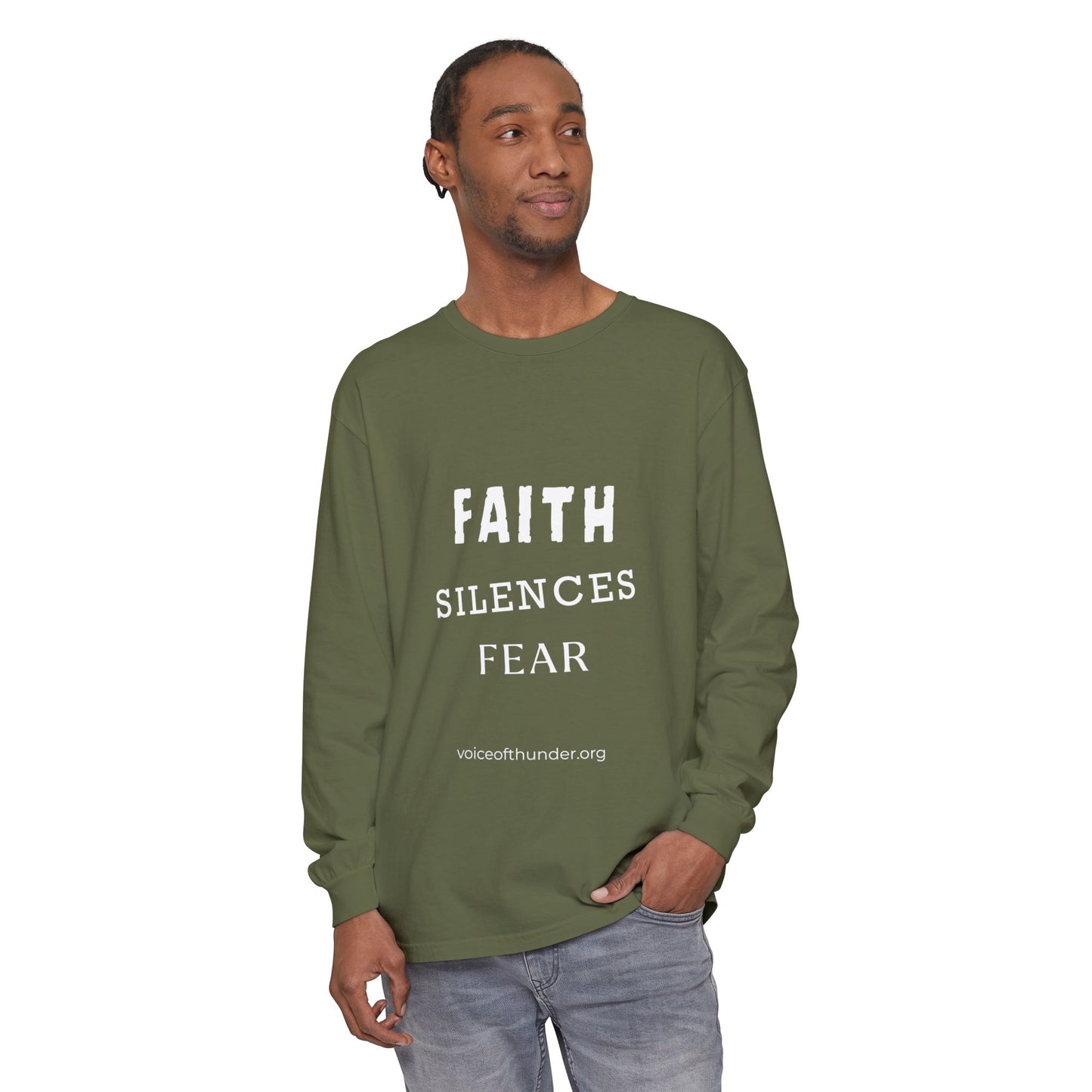 Faith Silences Fear – Christian Long Sleeve T-Shirt | Bold Faith Statement