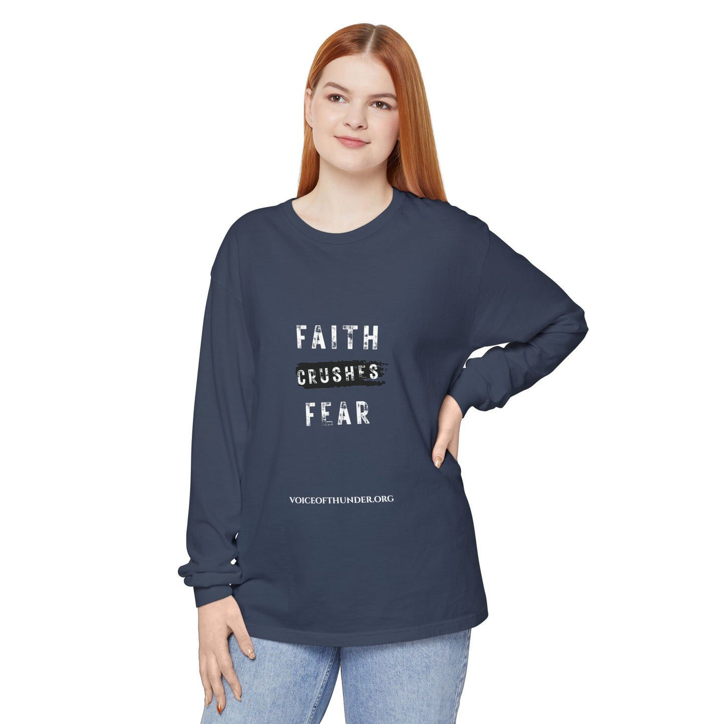 Faith Crushes Fear Long Sleeve Tee — Inspirational Christian Shirt