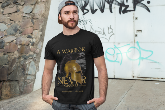 A Warrior Never Gives Up Christian t-shirt with bold front-print design
