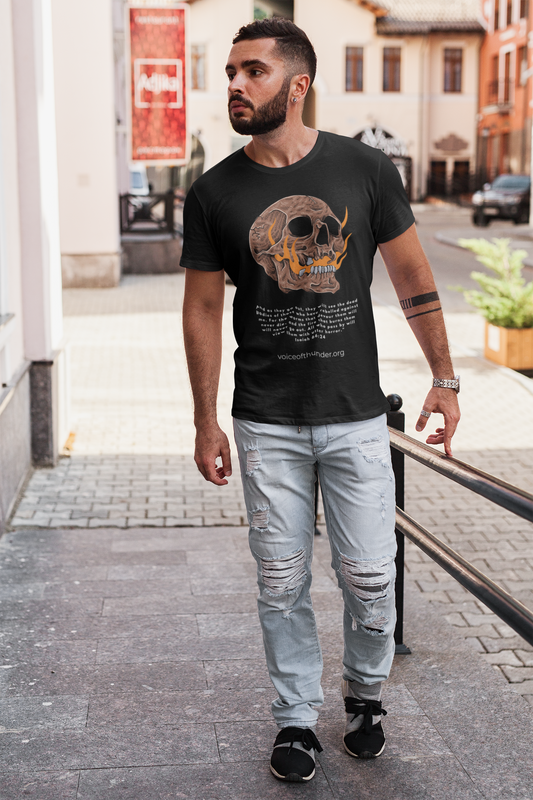 Isaiah 66:24 Skull & Flame Christian t-shirt with bold front-print design
