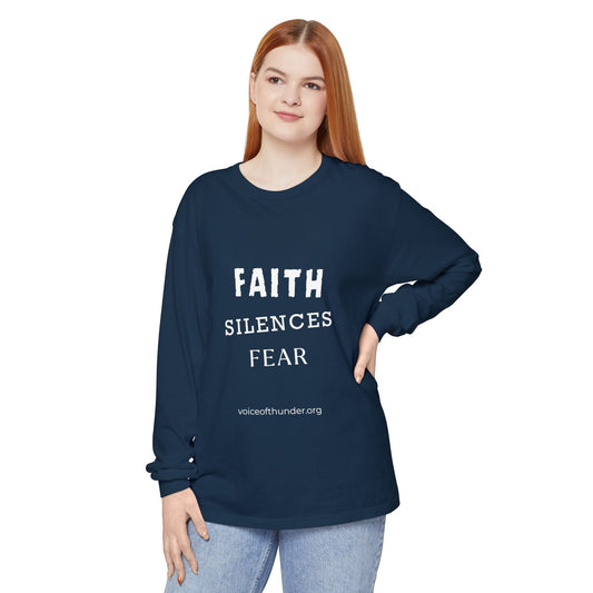 Faith Silences Fear Christian long sleeve t-shirt with bold front-print design
