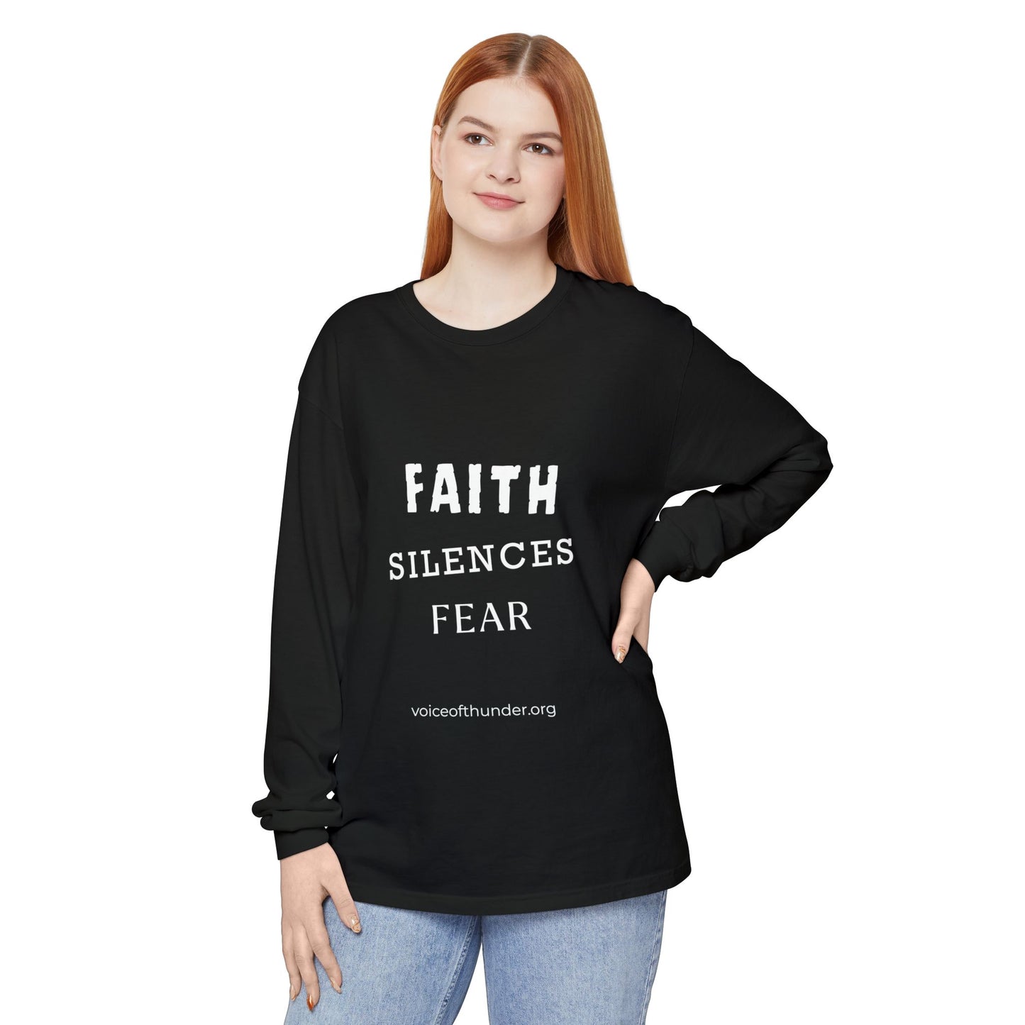 Faith Silences Fear – Christian Long Sleeve T-Shirt | Bold Faith Statement