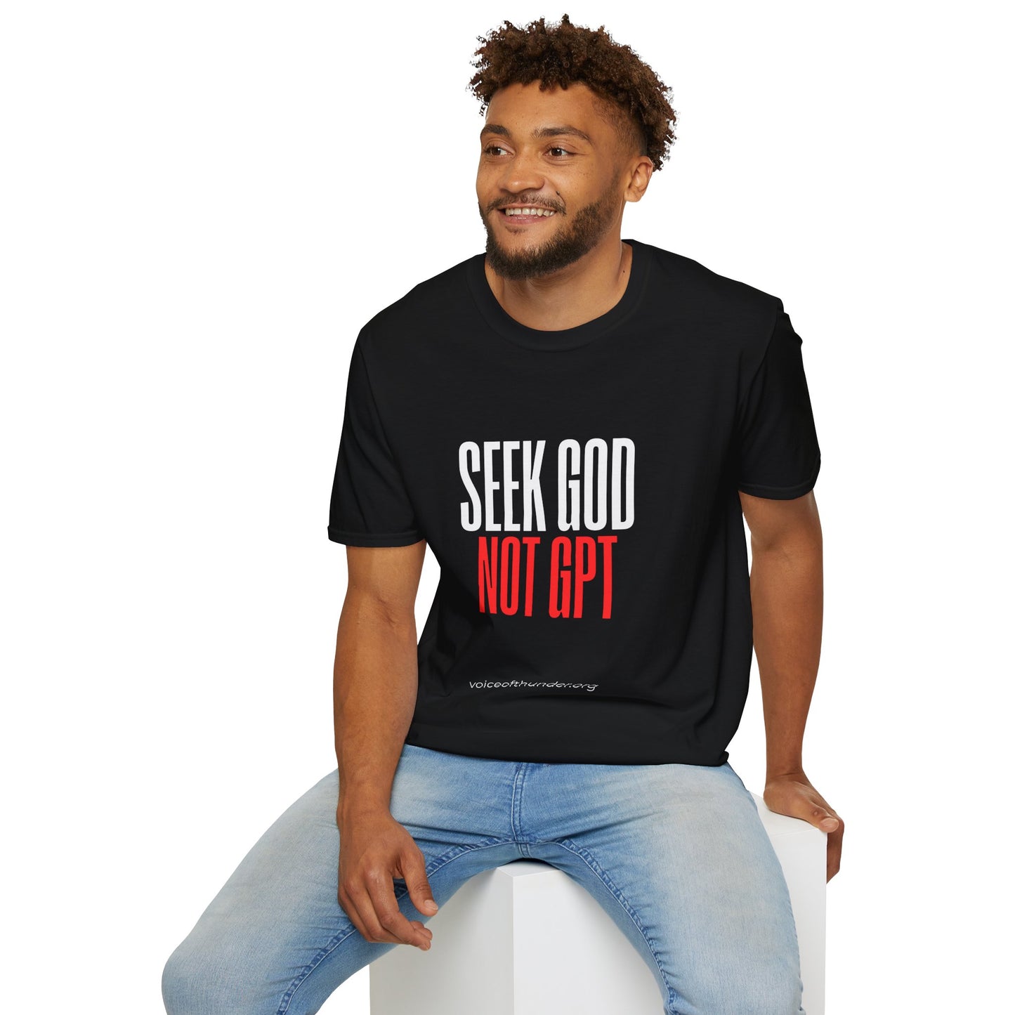 Seek God Not GPT Christian t-shirt with bold front-print design
