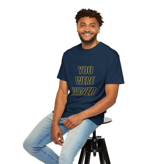You Were Warned Flagship Christian t-shirt with bold front-print design and upper-back URL
