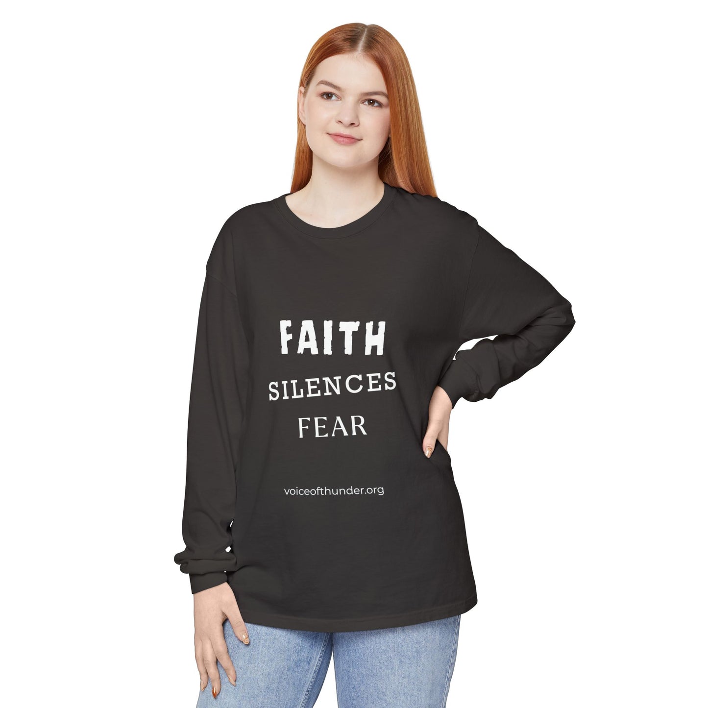 Faith Silences Fear – Christian Long Sleeve T-Shirt | Bold Faith Statement