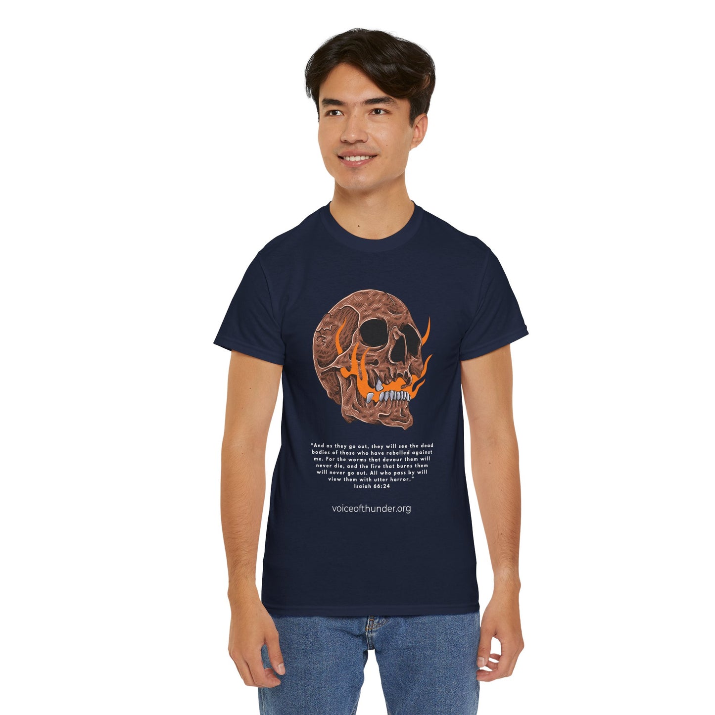 Isaiah 66:24 Skull & Flame – Christian T-Shirt | Bold Scripture Design