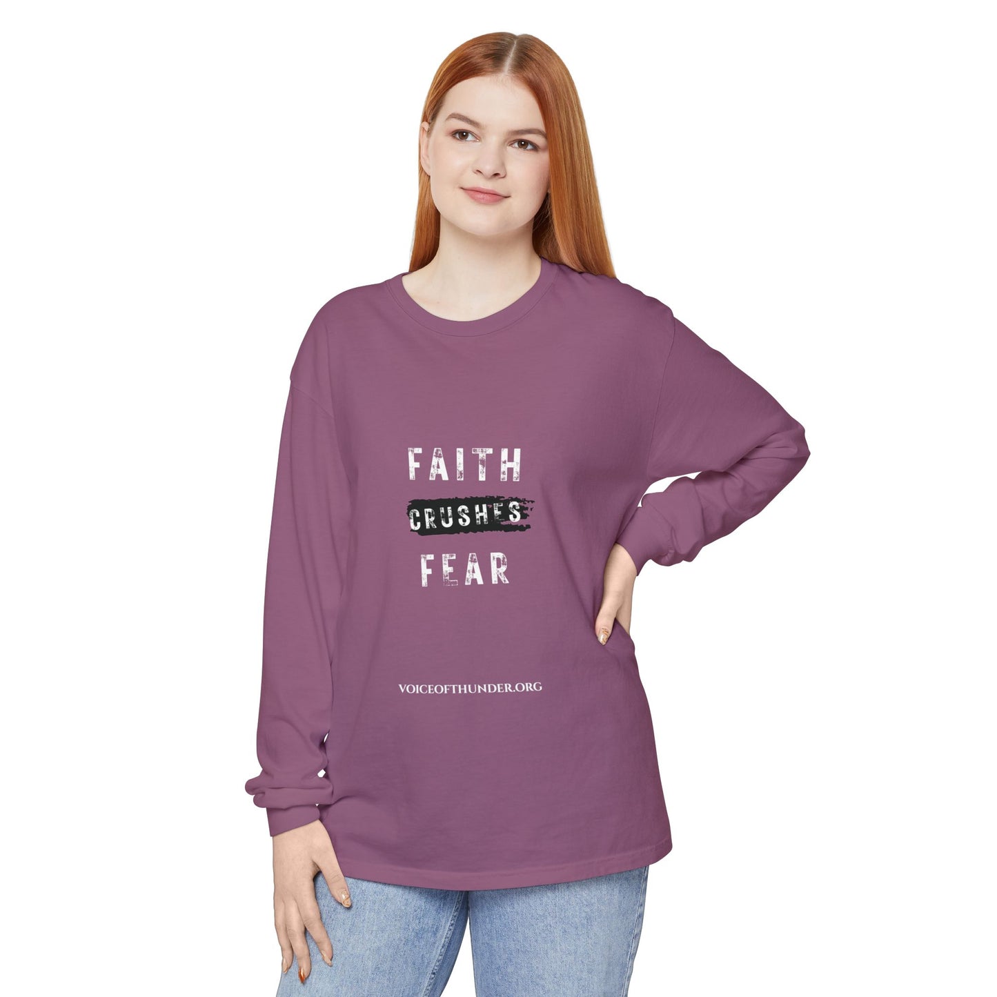 Faith Crushes Fear Long Sleeve Tee — Inspirational Christian Shirt
