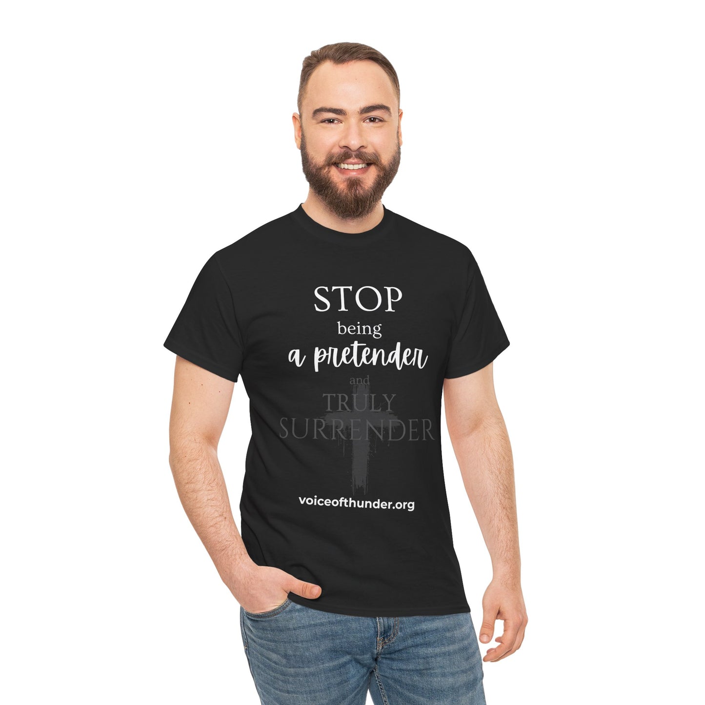 Stop Being a Pretender Christian t-shirt with bold front-print design
